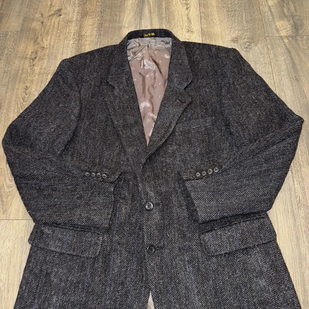 Vtg‎ Hunting Horn Wool Sport Coat Mens 44L Herringbone Tweed Blazer Suit Jacket